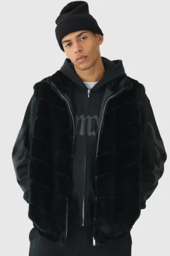 Discount boohooMAN Oversized Striped Faux Fur Gilet Jacket In black