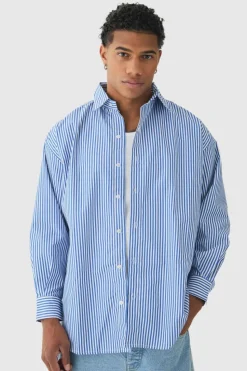 Outlet boohooMAN Oversized Striped Long Sleeve Shirt In blue
