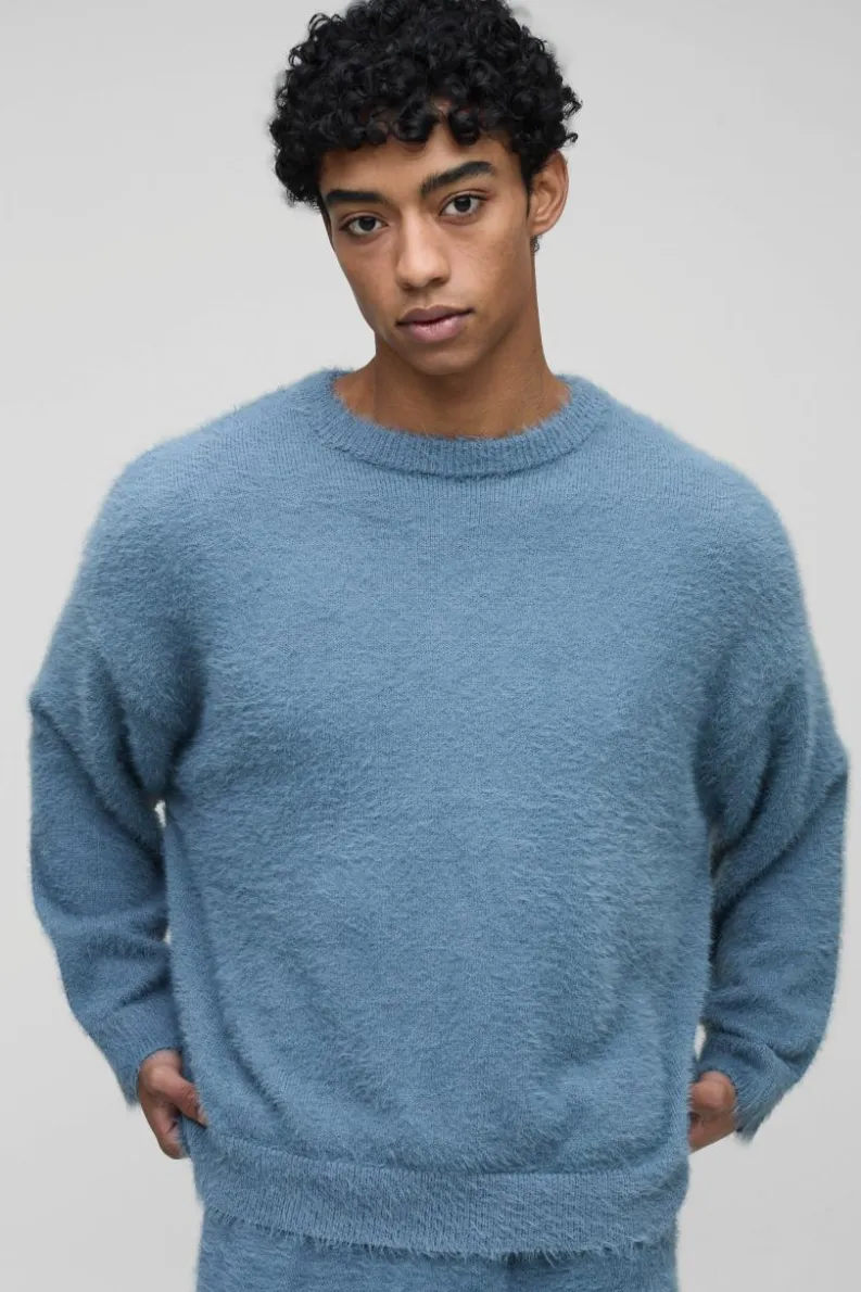 Best boohooMAN Oversized Super Fluffy Knitted Jumper slate blue