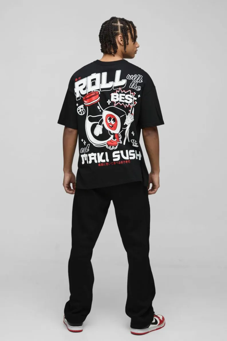 Sale boohooMAN Oversized Sushi Cartoon Print T-Shirt black