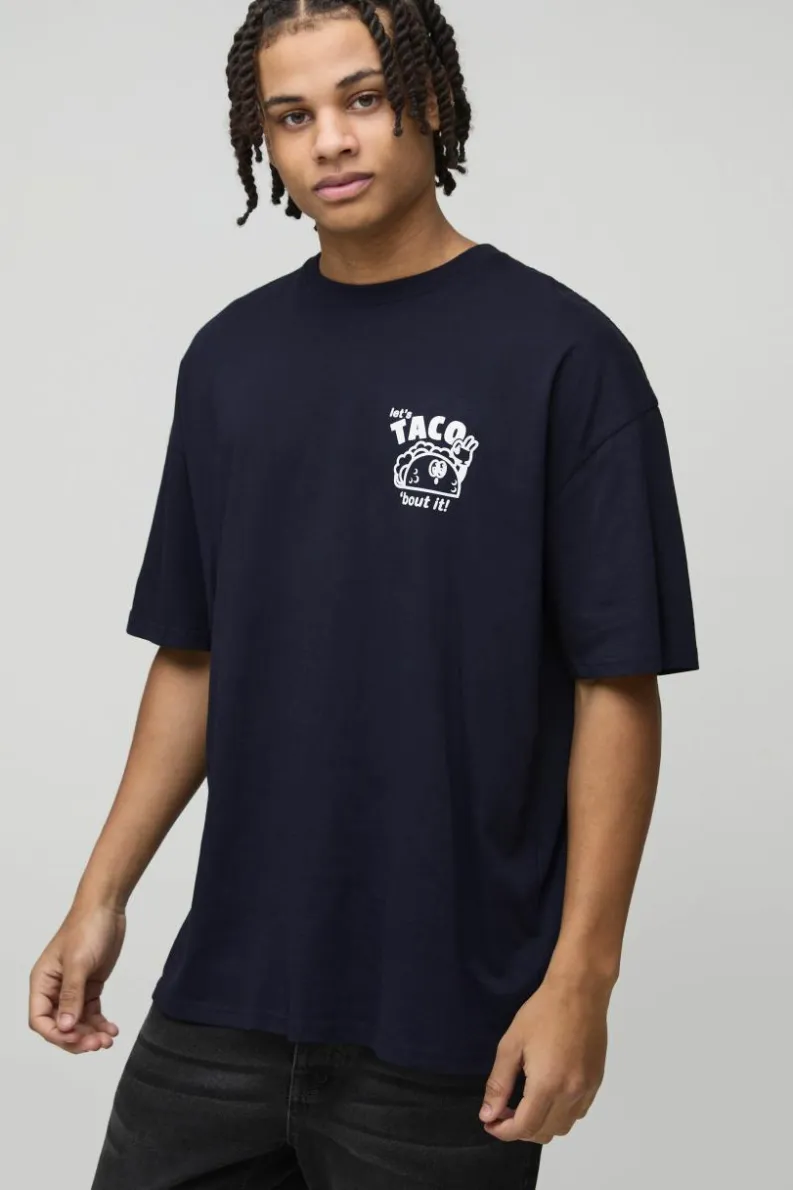Best Sale boohooMAN Oversized Taco Cartoon Print T-Shirt navy