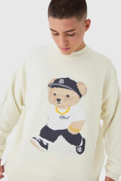 Discount boohooMAN Oversized Teddy Graphic Jumper ecru