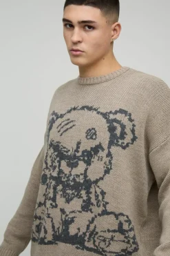 New boohooMAN Oversized Teddy Graphic Knitted Jumper stone