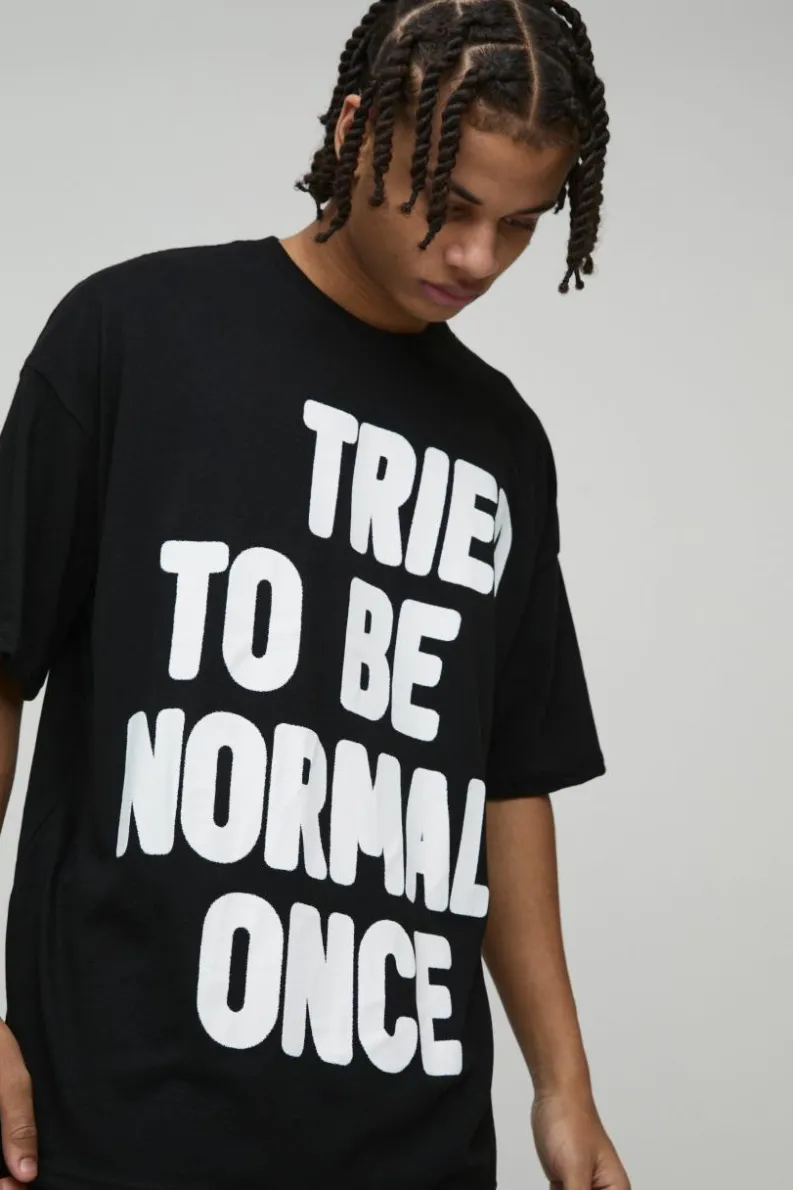 Cheap boohooMAN Oversized Tried To Be Normal Once Slogan Graphic T-Shirt black