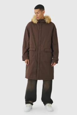 Outlet boohooMAN Oversized Twill Parka With Faux Fur Hood Trim In chocolate