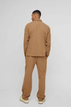 Online boohooMAN Oversized Two-tone Zip Ribbed Jersey Shirt & Straight Jogger Set camel