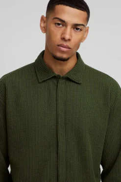 Hot boohooMAN Oversized Two-tone Zip Ribbed Jersey Shirt & Straight Jogger Set khaki