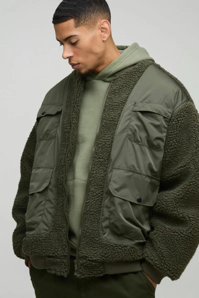 Sale boohooMAN Oversized Utility Borg And Nylon Bomber Jacket In khaki
