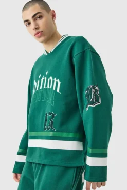 Shop boohooMAN Oversized Varsity Applique V Neck Sweatshirt Tracksuit forest