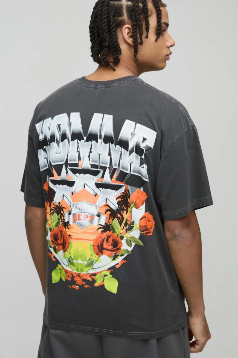 New boohooMAN Oversized Varsity Star Homme Washed T-Shirt charcoal
