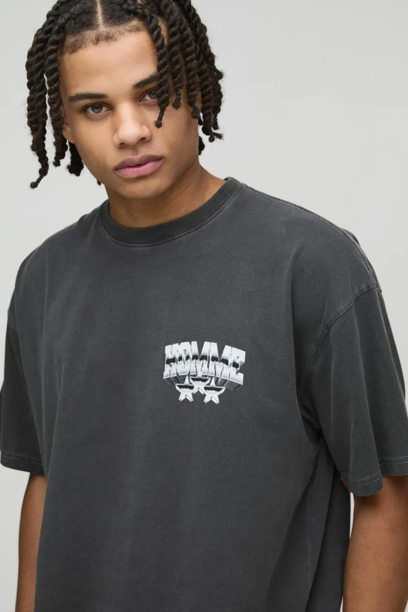 New boohooMAN Oversized Varsity Star Homme Washed T-Shirt charcoal