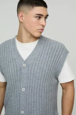 Flash Sale boohooMAN Oversized V Neck Knitted Vest grey