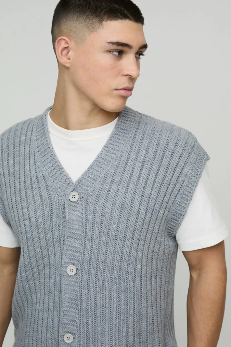 Flash Sale boohooMAN Oversized V Neck Knitted Vest grey