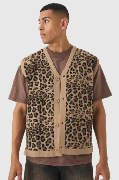 Best boohooMAN Oversized V Neck Leopard Button Through Knitted Vest brown