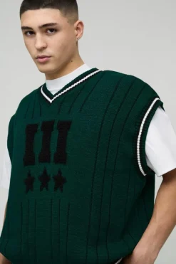 Store boohooMAN Oversized V Neck Varsity Stripe Knitted Vest forest