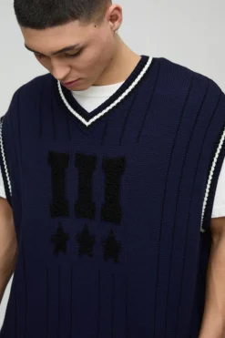 Flash Sale boohooMAN Oversized V Neck Varsity Stripe Knitted Vest navy