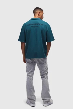Sale boohooMAN Oversized Waffle Back Printed Shirt dark green