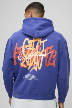 Store boohooMAN Oversized Washed Branded Graffiti Graphic Hoodie dark blue