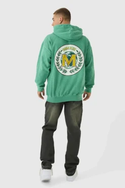 Discount boohooMAN Oversized Washed Emblem Print Zip Through Hoodie dark green
