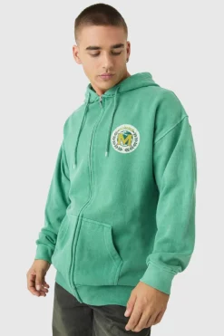 Discount boohooMAN Oversized Washed Emblem Print Zip Through Hoodie dark green