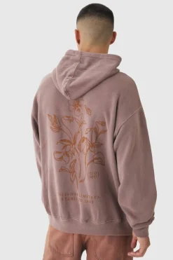 Online boohooMAN Oversized Washed Floral Line Drawing Graphic Hoodie mocha