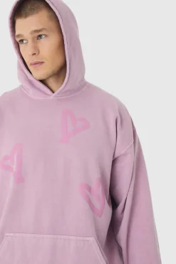 Outlet boohooMAN Oversized Washed Graffiti Heart Hoodie pink