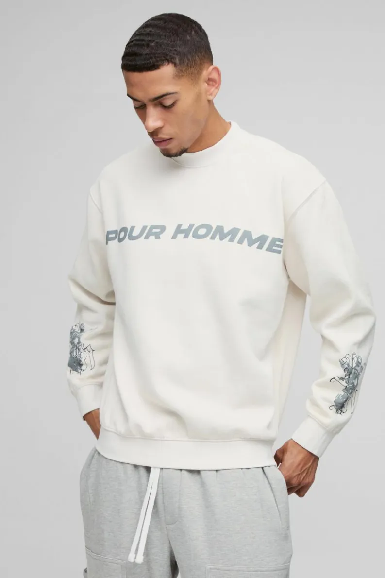 Cheap boohooMAN Oversized Washed Homme Renaissance Graphic Sweatshirt ecru
