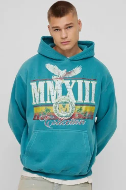 Best boohooMAN Oversized Washed MMXII Print Hoodie teal