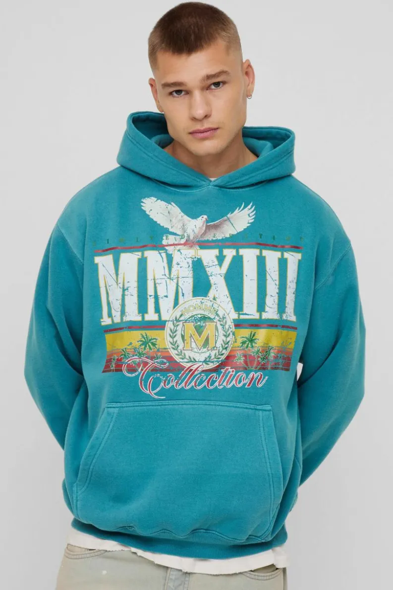 Best boohooMAN Oversized Washed MMXII Print Hoodie teal