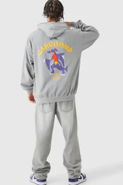 Online boohooMAN Oversized Washed Pokemon Garchomp License Hoodie charcoal