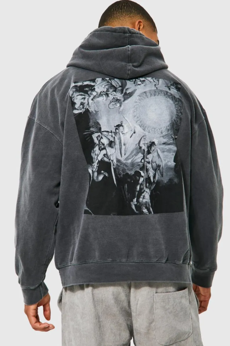 Discount boohooMAN Oversized Washed Renaissance Graphic Hoodie charcoal