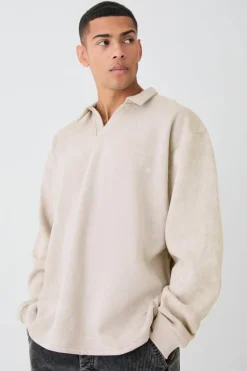 Cheap boohooMAN Oversized Washed Revere Rugby Sweatshirt Polo stone