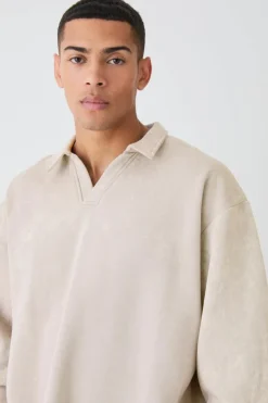 Cheap boohooMAN Oversized Washed Revere Rugby Sweatshirt Polo stone