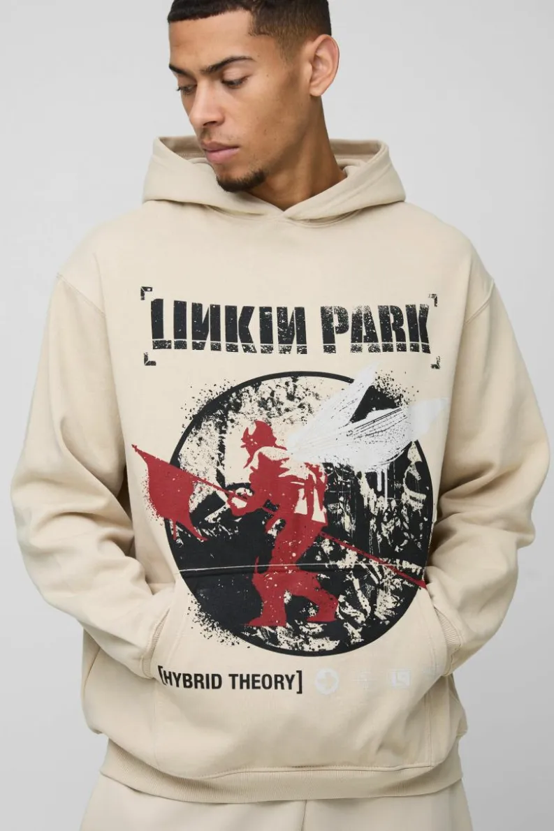 Best boohooMAN Oversized Wash Linkin Park License Print Hoodie ecru
