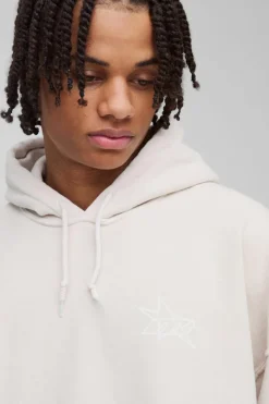 Clearance boohooMAN Oversized Wash M Star Branded Printed Hoodie ecru