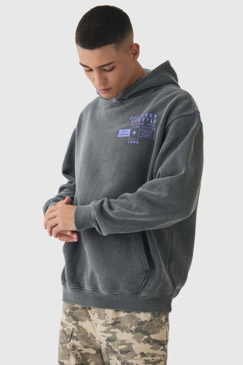 Clearance boohooMAN Oversized Wash Pixar Toy Story Pizza Planet License Hoodie charcoal