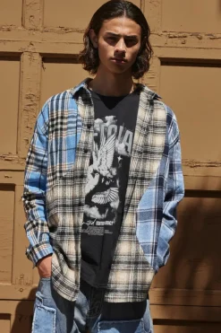 Cheap boohooMAN Oversized Waved Spliced Check Shirt blue
