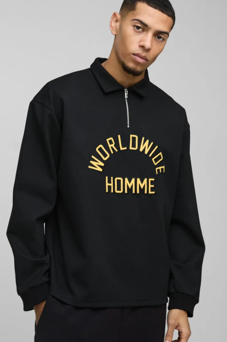 Outlet boohooMAN Oversized Worldwide Applique Half Zip Rugby Polo black