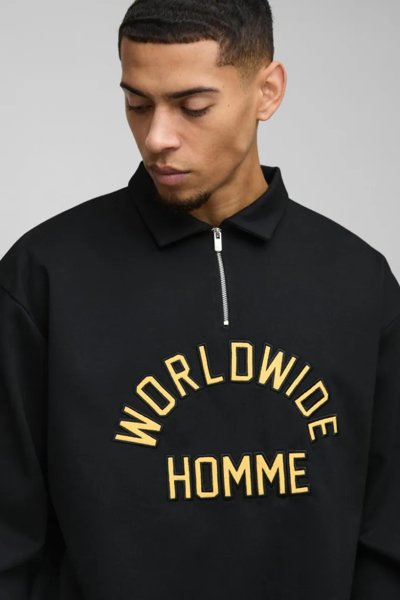 Outlet boohooMAN Oversized Worldwide Applique Half Zip Rugby Polo black
