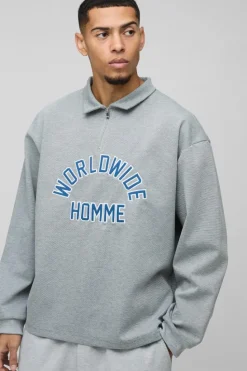 Discount boohooMAN Oversized Worldwide Applique Half Zip Rugby Polo grey
