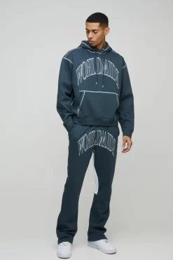 New boohooMAN Oversized Worldwide Contrast Stitch Gusset Tracksuit slate blue