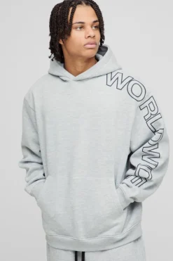 Shop boohooMAN Oversized Worldwide Hoodie grey marl