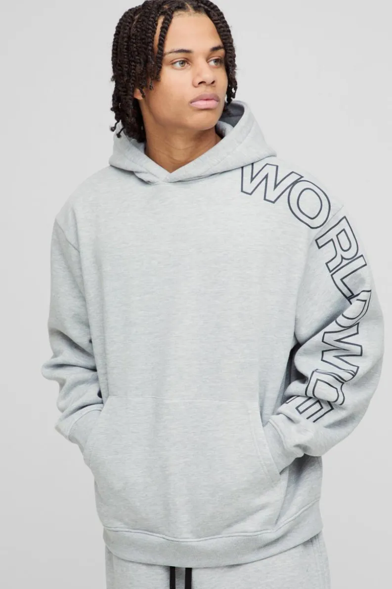 Shop boohooMAN Oversized Worldwide Hoodie grey marl