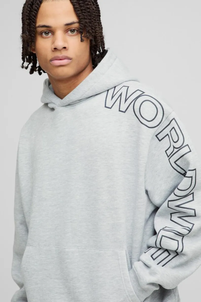Shop boohooMAN Oversized Worldwide Hoodie grey marl