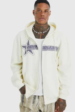 Best Sale boohooMAN Oversized Worldwide Star Zip Through Hoodie ecru