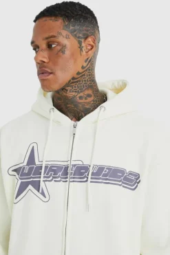 Best Sale boohooMAN Oversized Worldwide Star Zip Through Hoodie ecru