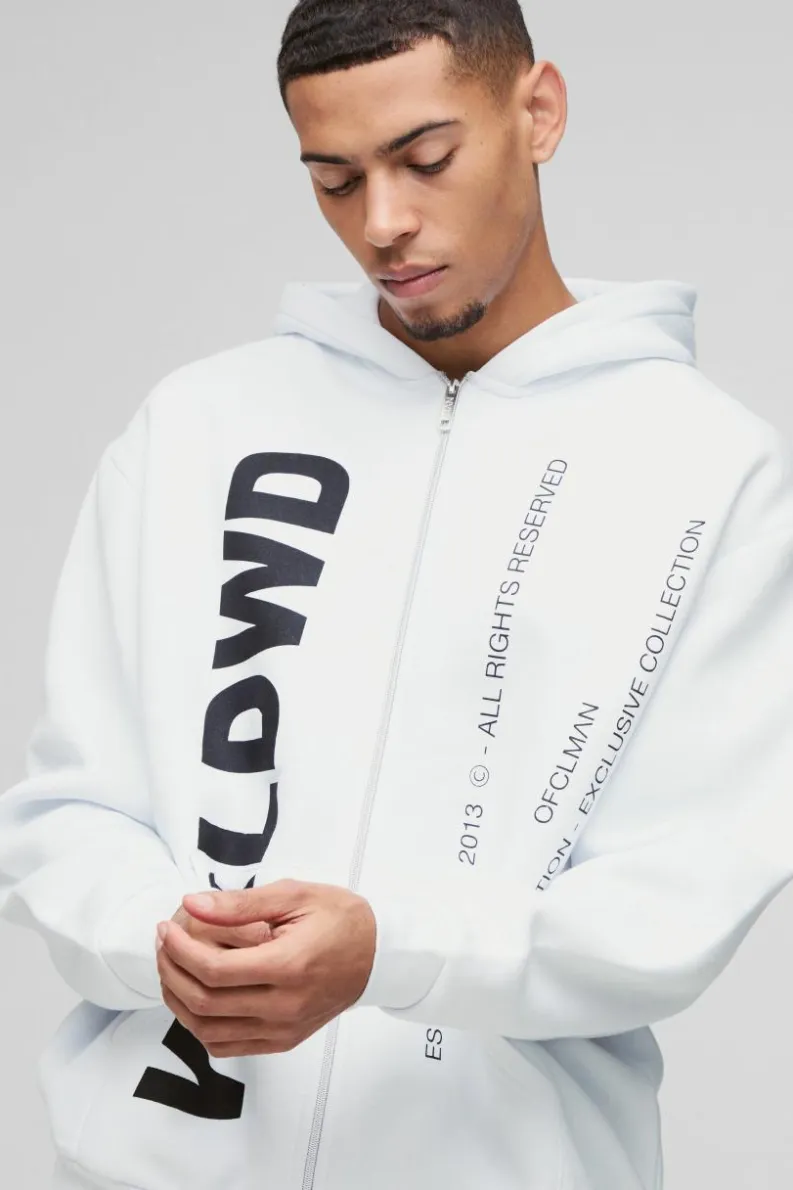 Store boohooMAN Oversized Worldwide Text Zip Through Hoodie white