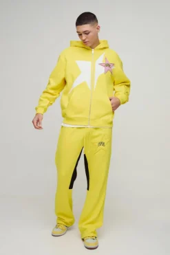 Sale boohooMAN Oversized Zip Through Evil Teddy Printed Applique Hooded Tracksuit yellow