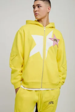 Sale boohooMAN Oversized Zip Through Evil Teddy Printed Applique Hooded Tracksuit yellow