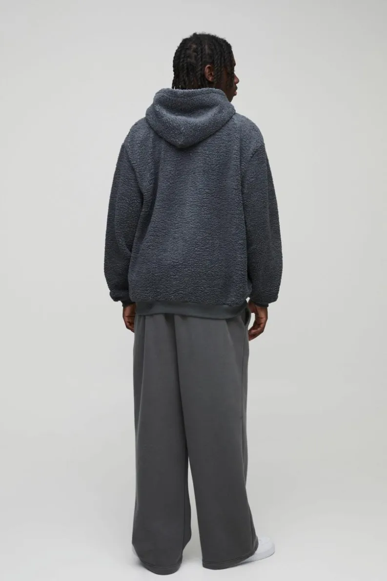 Fashion boohooMAN Oversized Zip Through Limited Edition Teddy Borg Hoodie charcoal